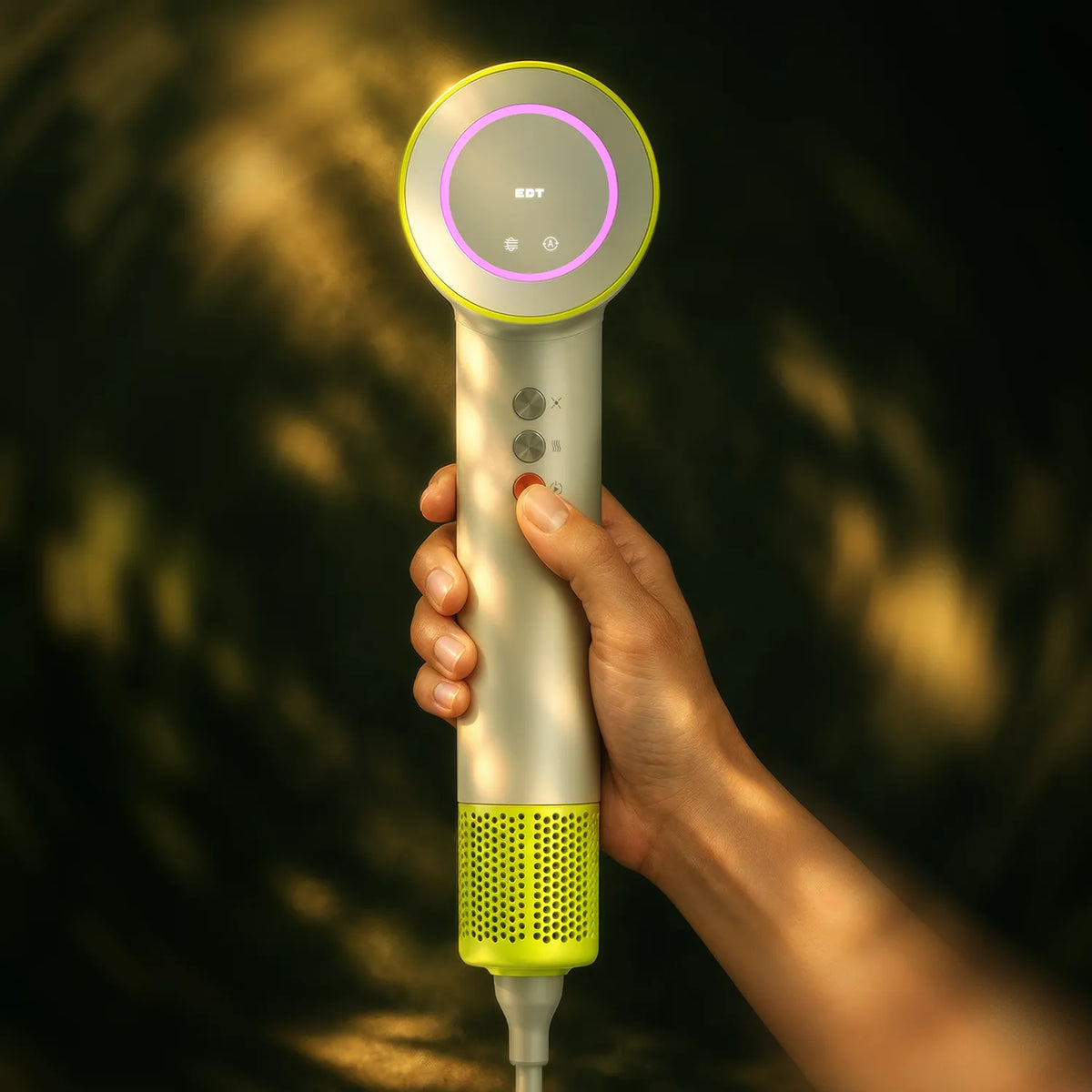 SUKI Care-Dryer held up, showing the AirSense ring display
